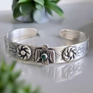 1940s Turquoise Navajo Sterling Products Coin Silver Cuff Bracelet Thunderbird